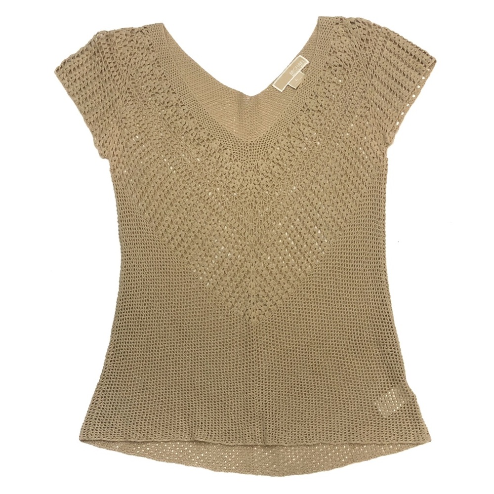 Michael Kors Tan Crochet Short Sleeve V-Neck Sweater Large